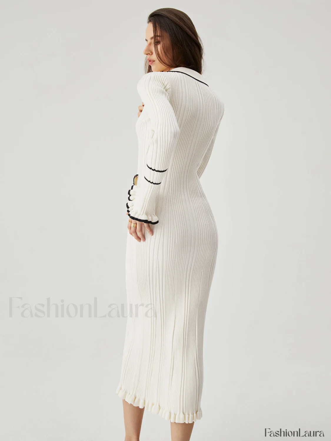 Ruffled Trim Contrast Binding Modern Button-up Collar Midi Sweater Dress - Image 11