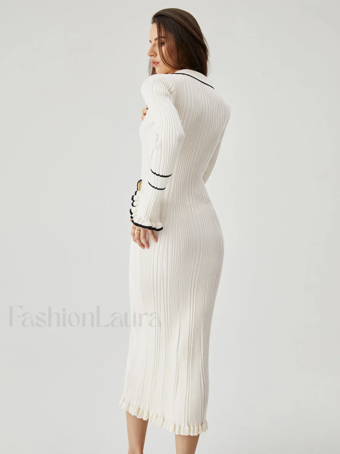 Ruffled Trim Contrast Binding Modern Button-up Collar Midi Sweater Dress - Image 6