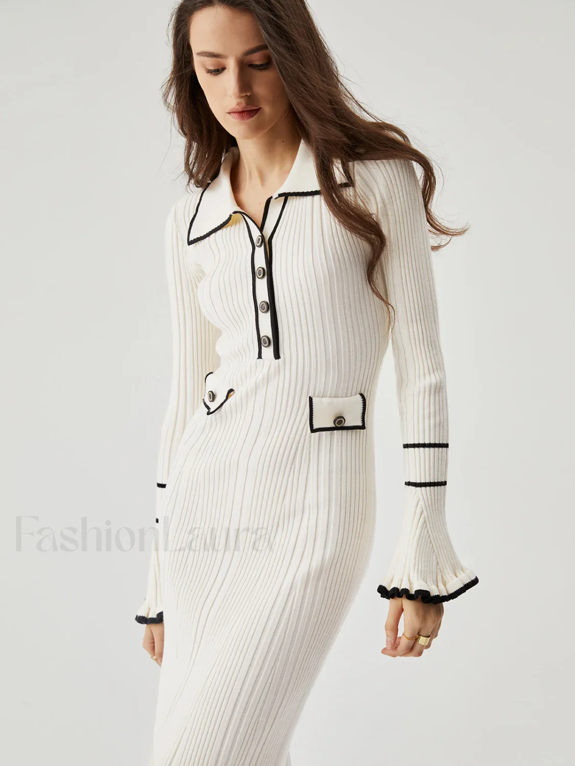 Ruffled Trim Contrast Binding Modern Button-up Collar Midi Sweater Dress - Image 7