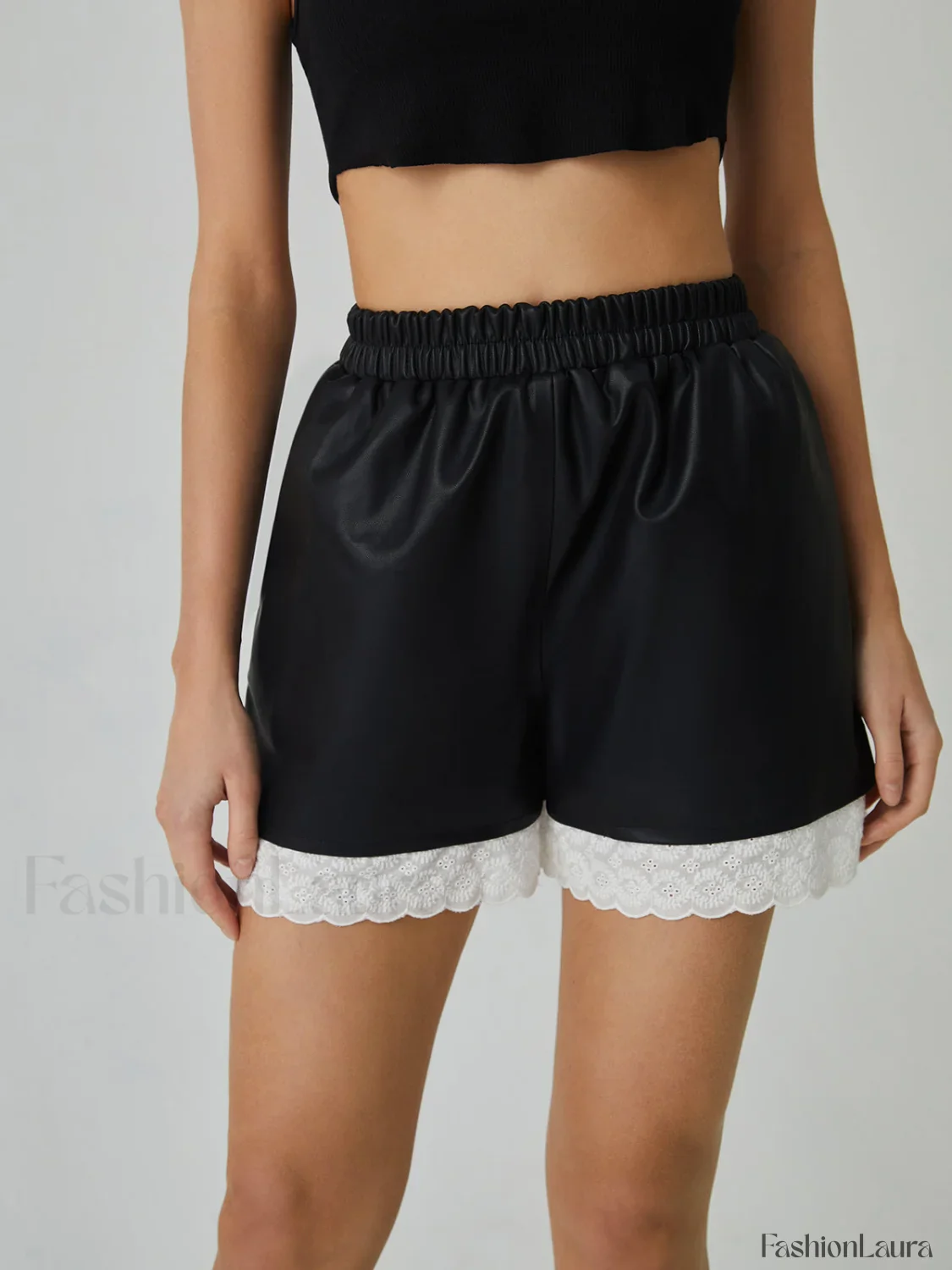 Faux Leather Graceful Lace Patchwork Shorts - Image 13