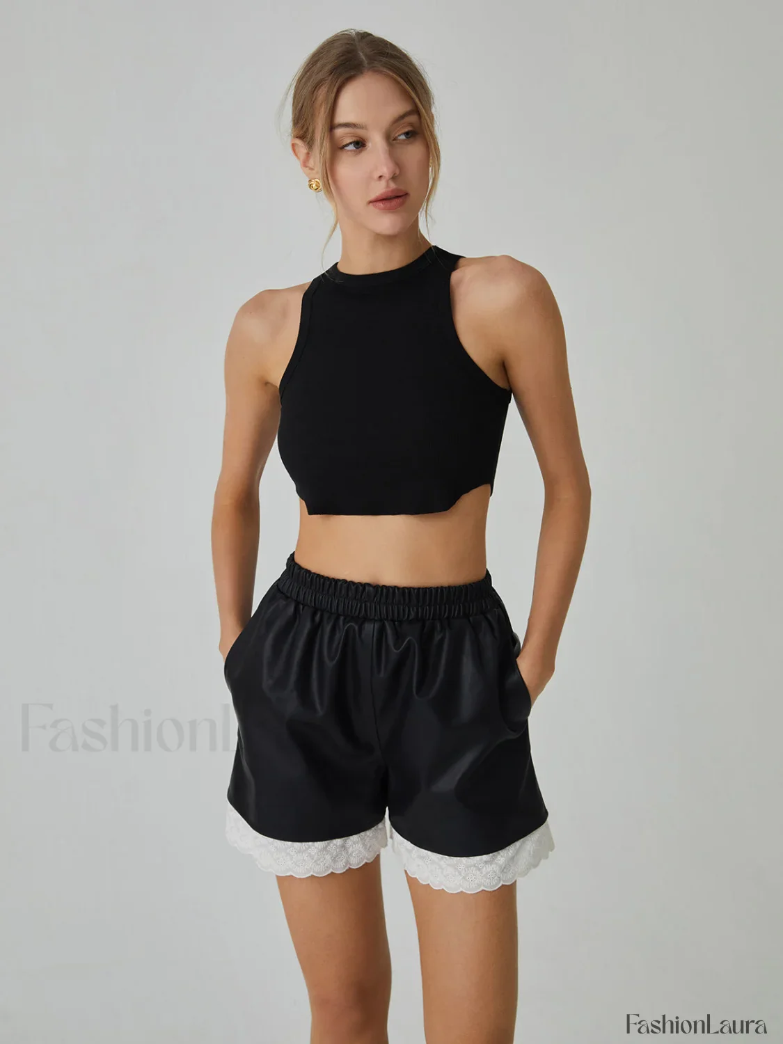Faux Leather Graceful Lace Patchwork Shorts - Image 14