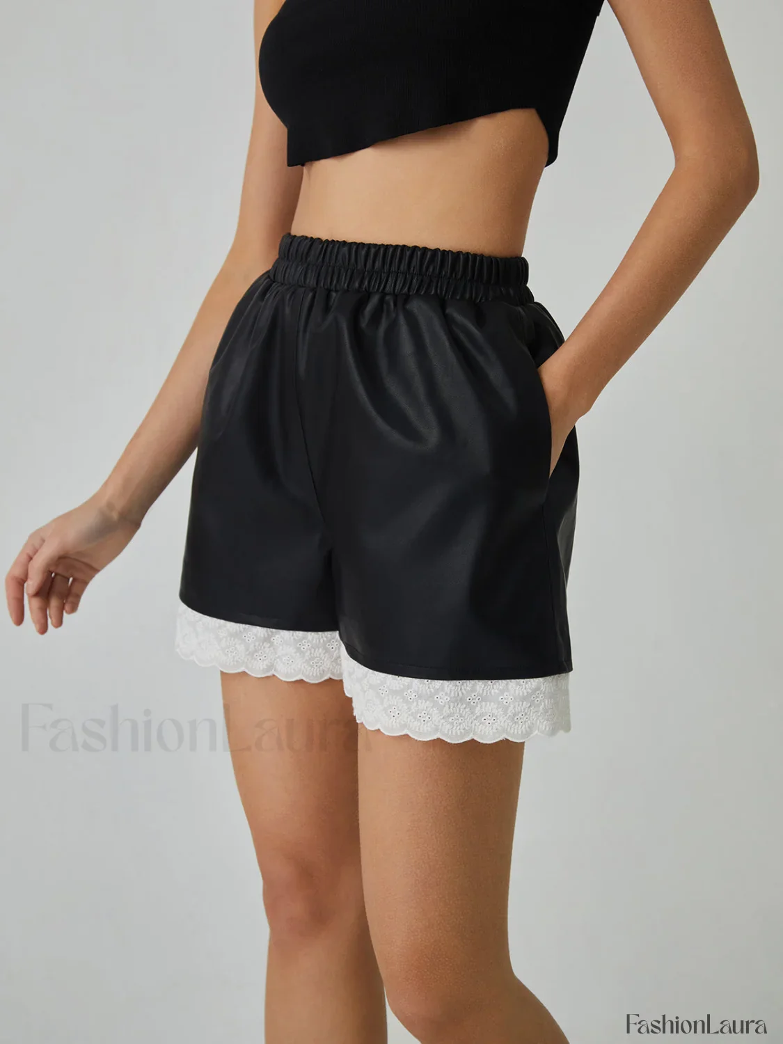 Faux Leather Graceful Lace Patchwork Shorts - Image 15