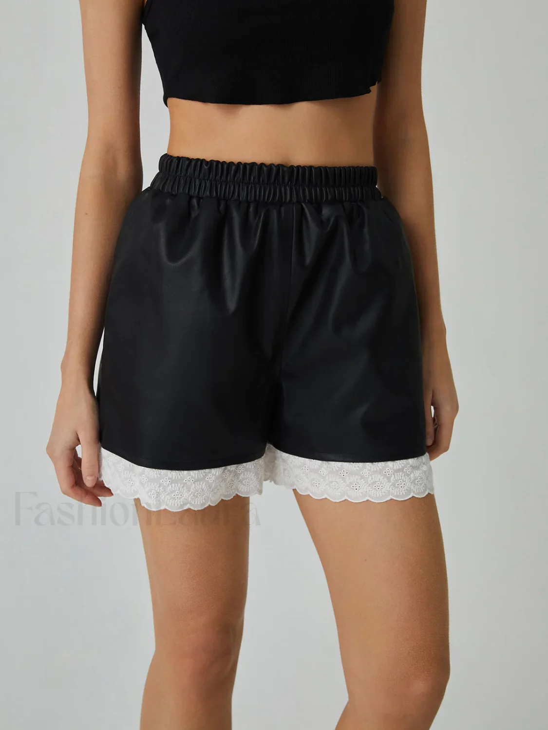 Faux Leather Graceful Lace Patchwork Shorts - Image 7
