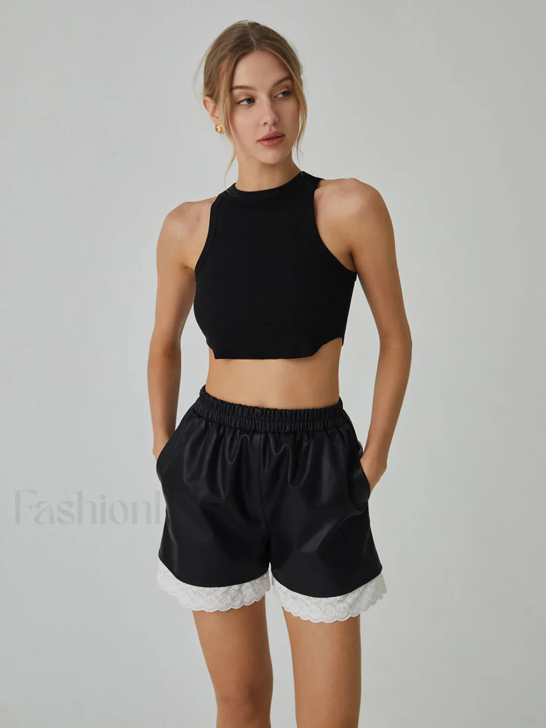 Faux Leather Graceful Lace Patchwork Shorts - Image 9