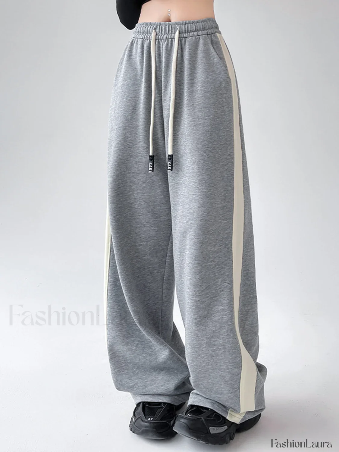 Drawstring Contrast Trim Trendy Wide Leg Sweatpants - Image 15