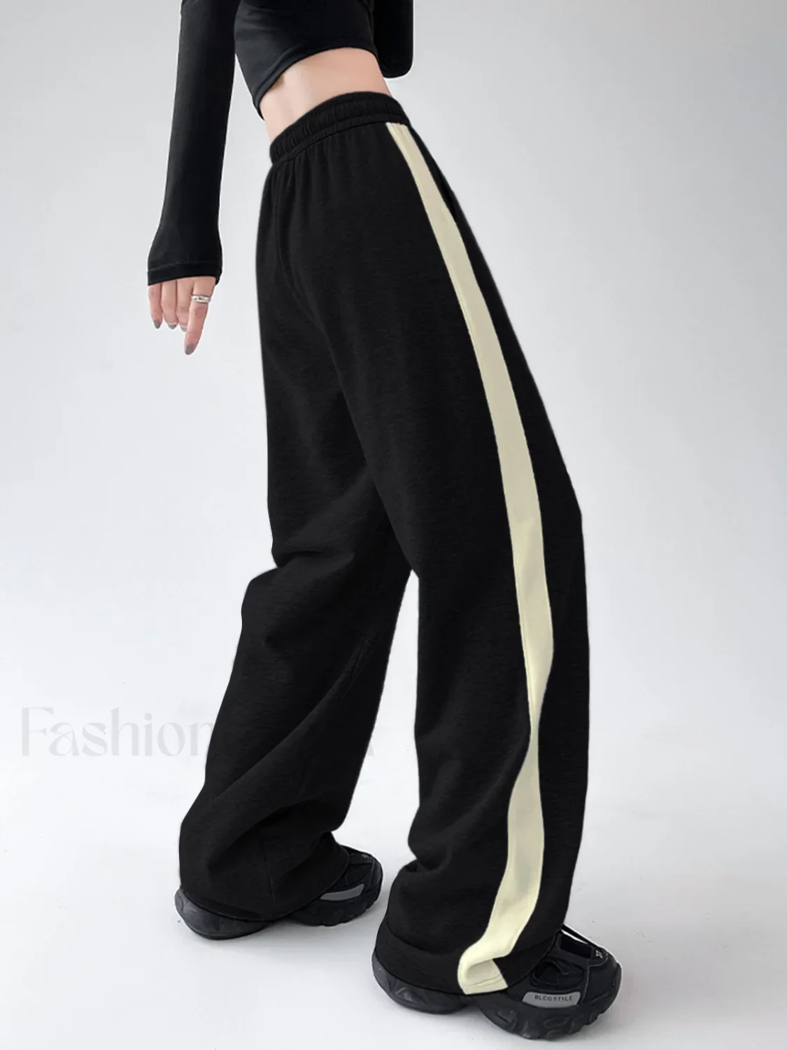 Drawstring Contrast Trim Trendy Wide Leg Sweatpants - Image 9