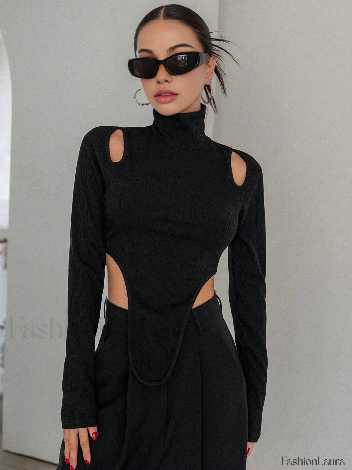 Cut Out High Trendy Neck Asymmetric Hem Top - Image 10