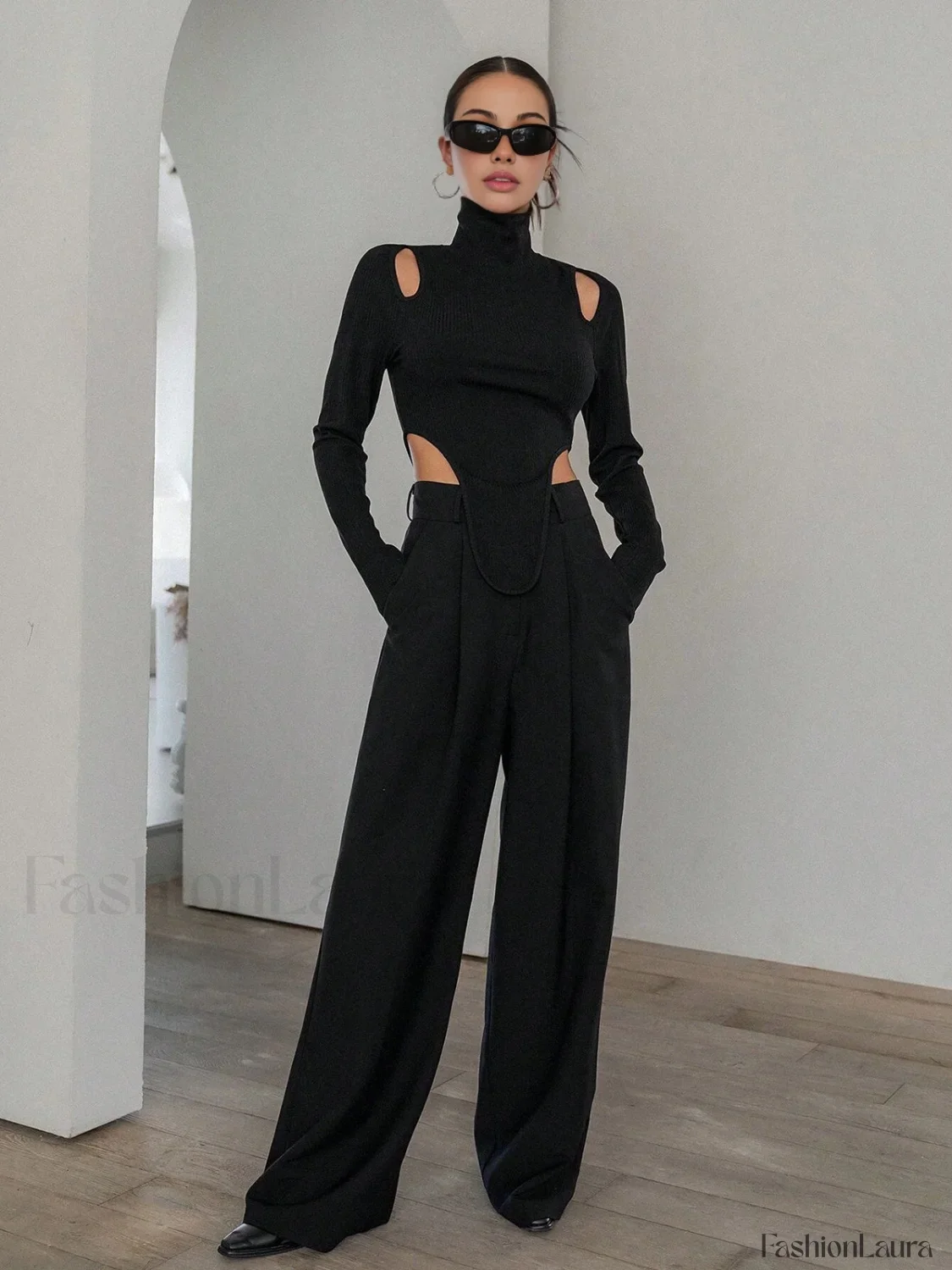 Cut Out High Trendy Neck Asymmetric Hem Top - Image 11