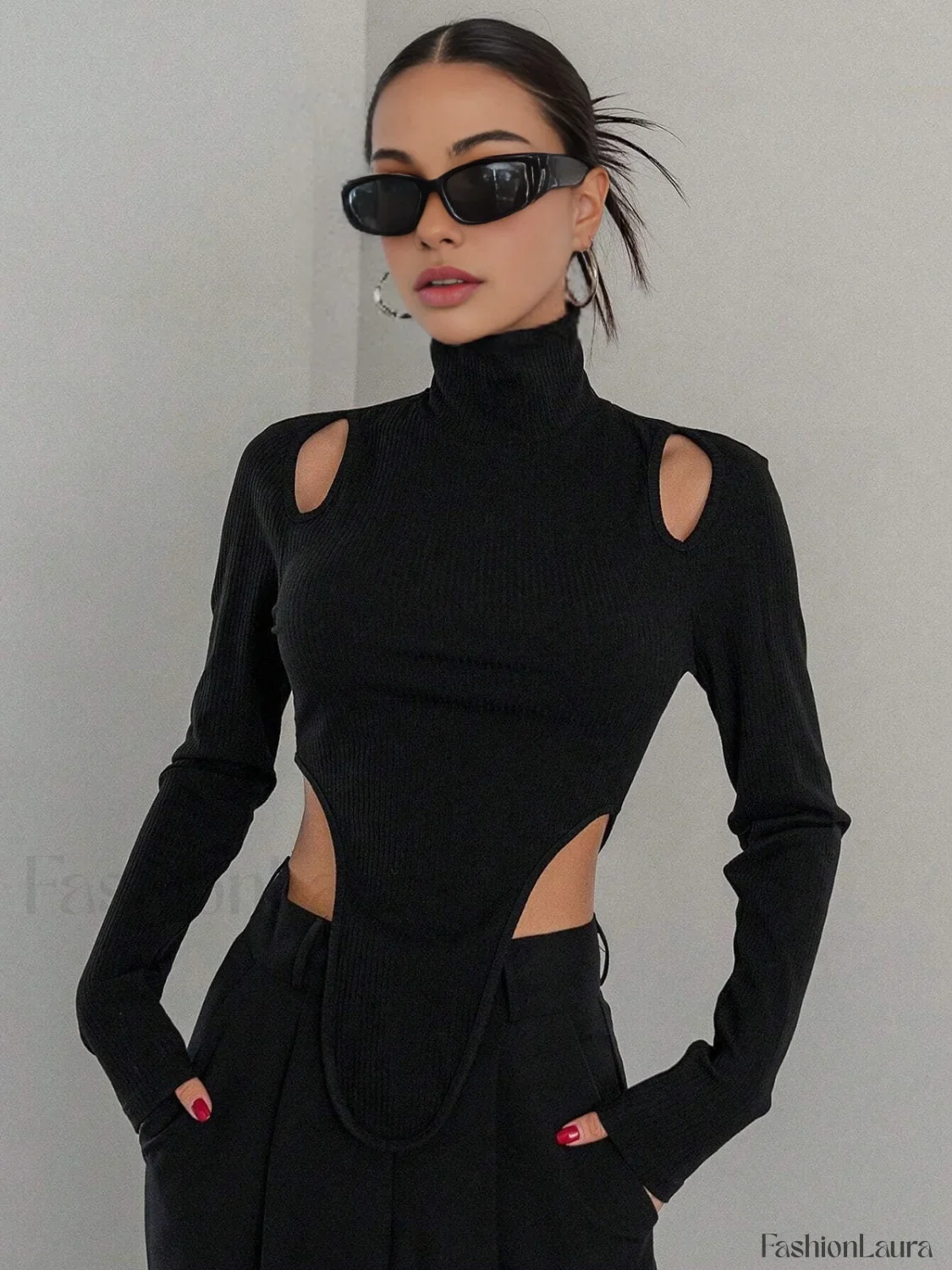 Cut Out High Trendy Neck Asymmetric Hem Top - Image 12