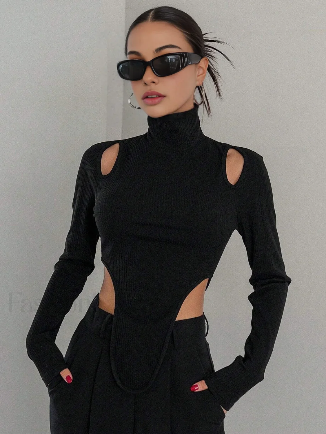 Cut Out High Trendy Neck Asymmetric Hem Top - Image 8