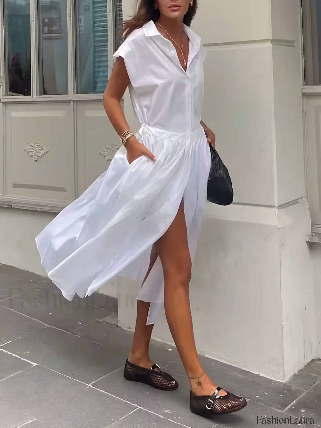 Cotton Blends Sleeveless Trendy Split Midi Dress - Image 17