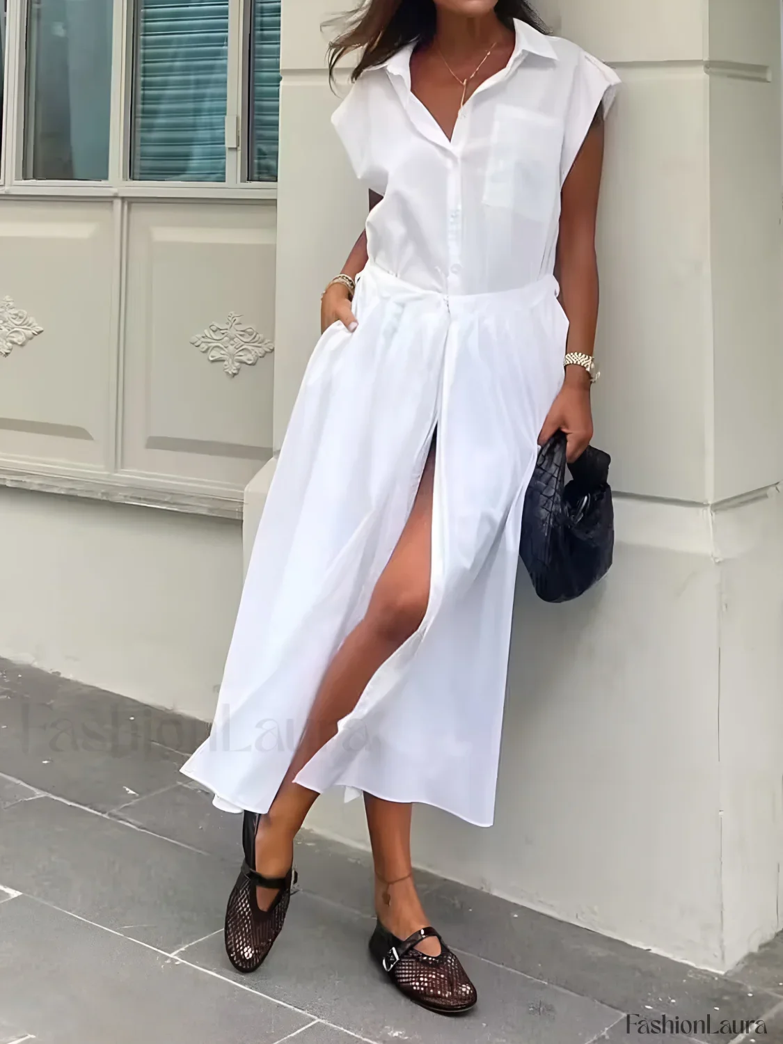 Cotton Blends Sleeveless Trendy Split Midi Dress - Image 18