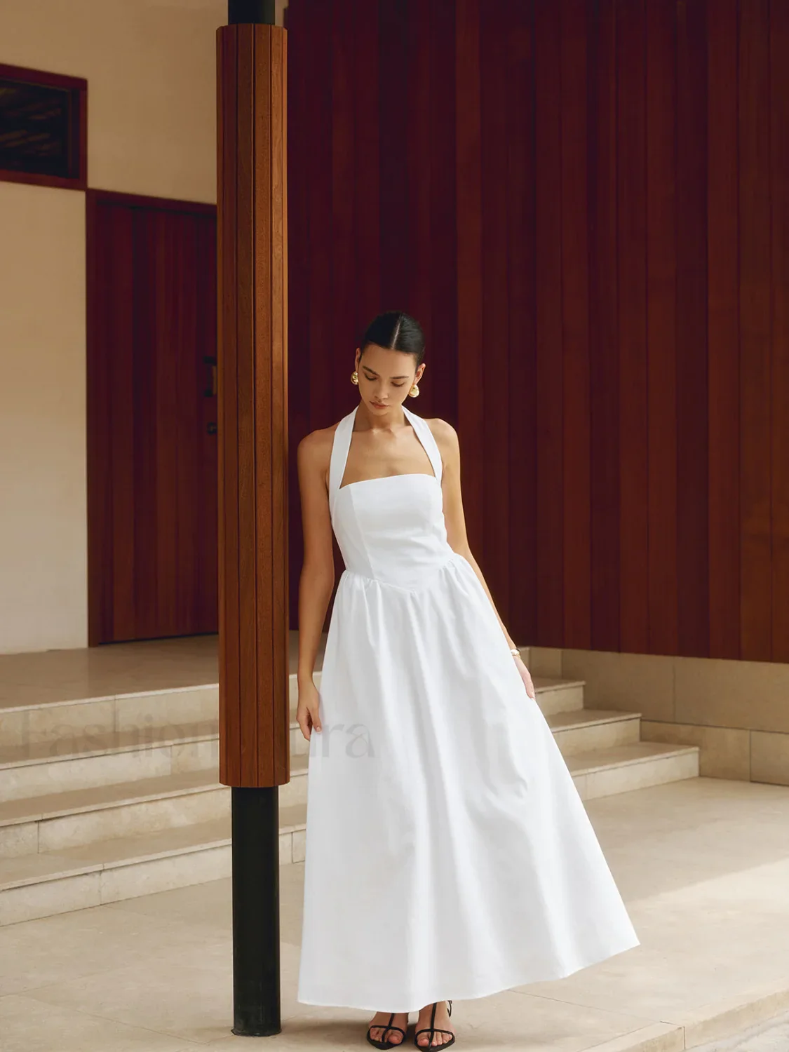 Cotton & Linen Halter Modern A Line Long Dress - Image 11