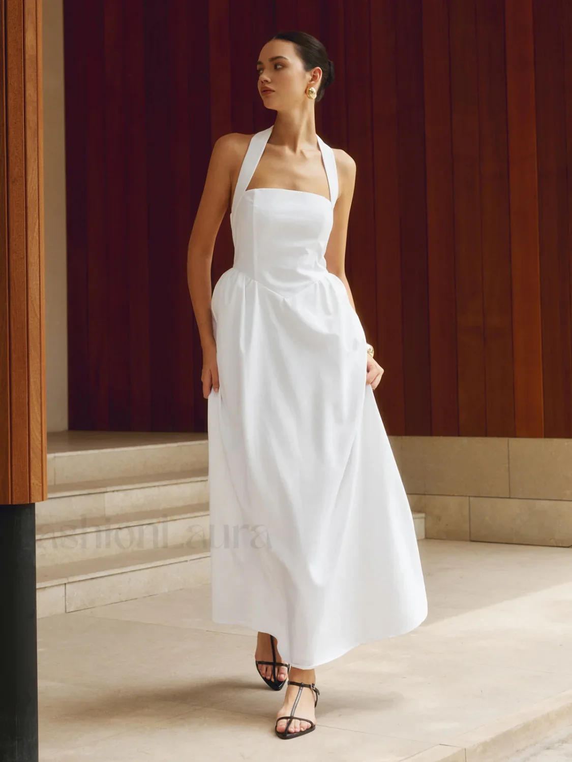 Cotton & Linen Halter Modern A Line Long Dress - Image 12