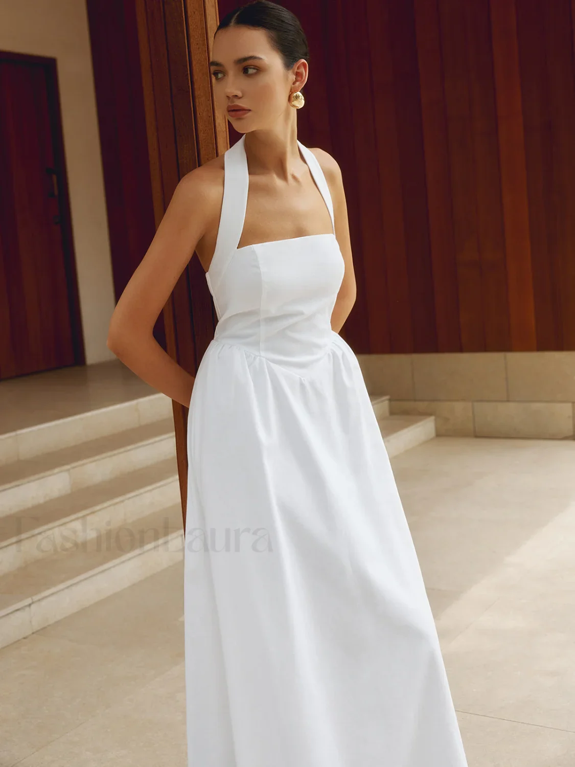 Cotton & Linen Halter Modern A Line Long Dress - Image 5