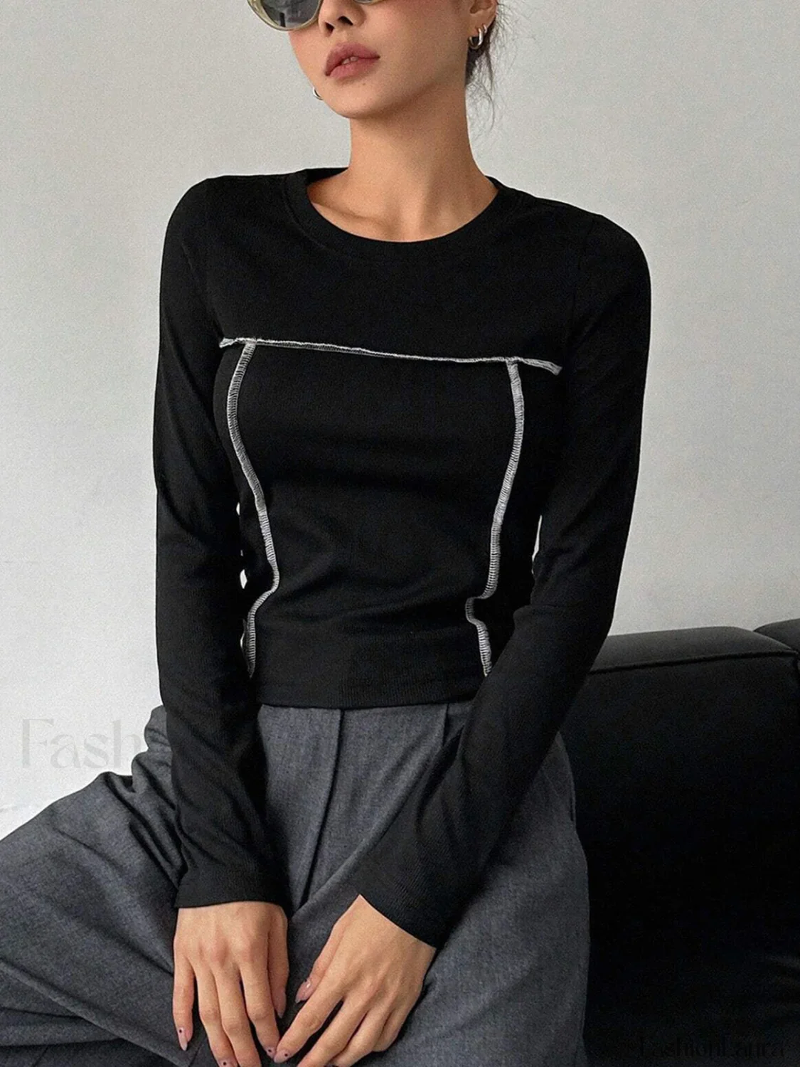 Contrast Trim Crew Trendy Neck Long Sleeve Shirt - Image 11