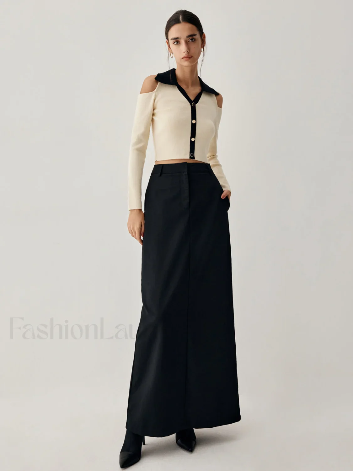 Colorblock Open Collar Cutout Modern Crop Long Sleeve Top - Image 7