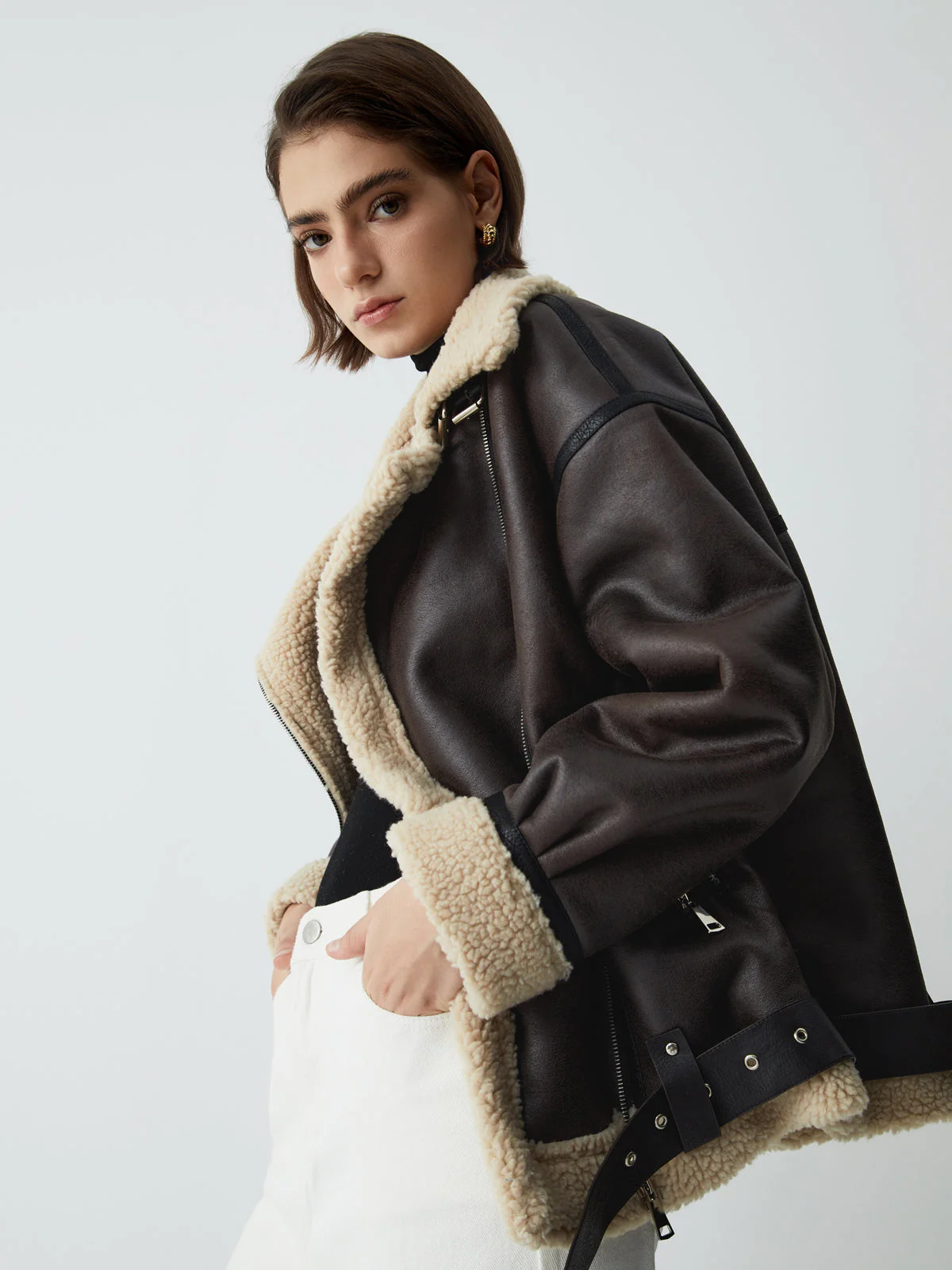 Classic Sherpa Lined Trendy Shearling Leather Flight Jacket - Image 14