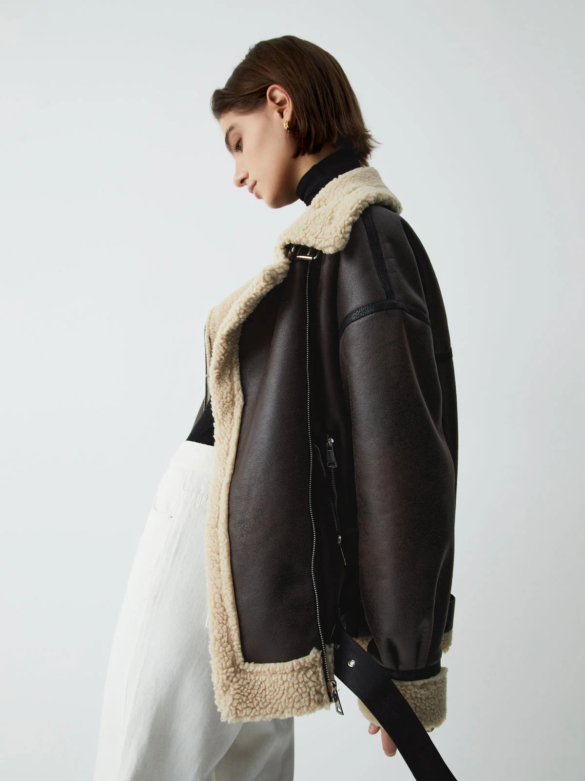 Classic Sherpa Lined Trendy Shearling Leather Flight Jacket - Image 15