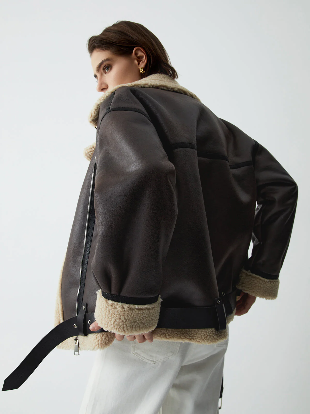 Classic Sherpa Lined Trendy Shearling Leather Flight Jacket - Image 7