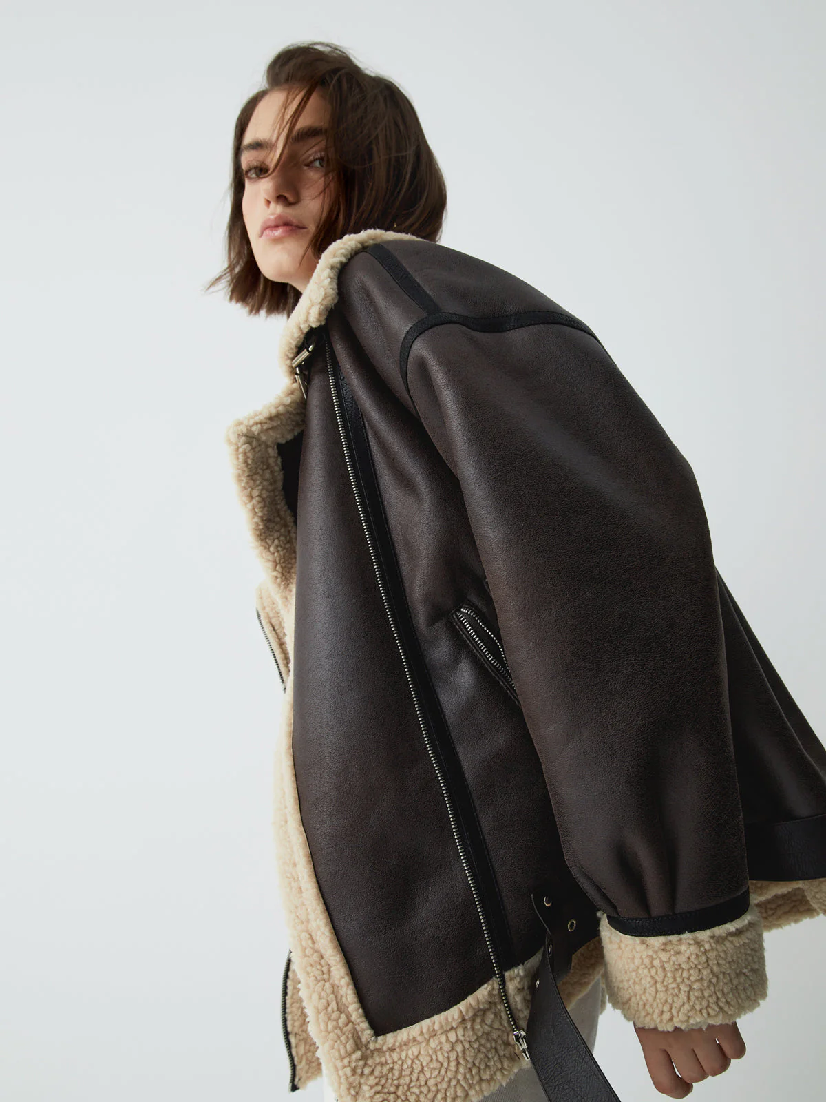 Classic Sherpa Lined Trendy Shearling Leather Flight Jacket - Image 9
