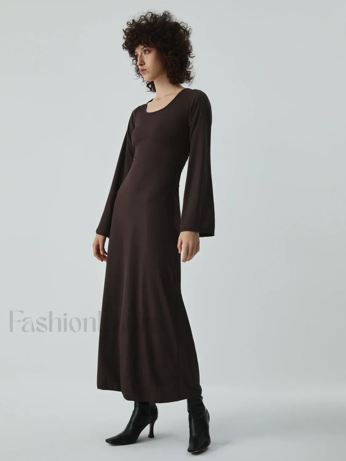 Caramel Flare Long Trendy Sleeve Knit Long Dress