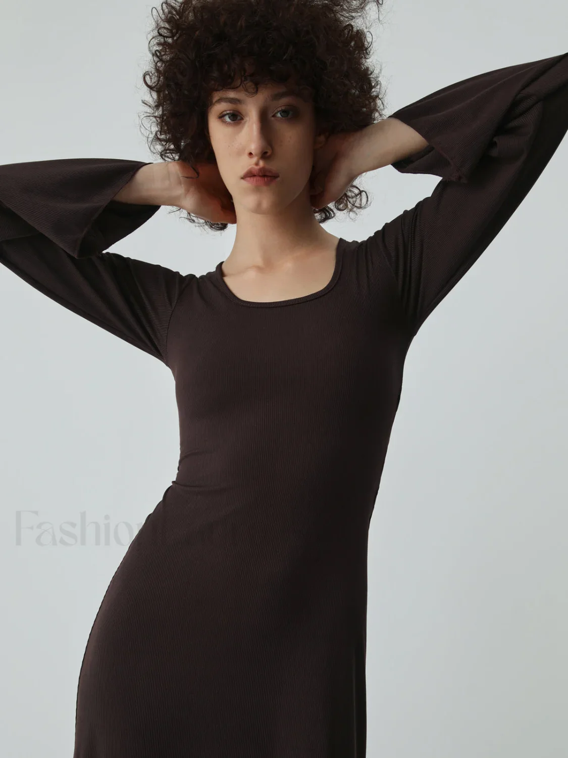 Caramel Flare Long Trendy Sleeve Knit Long Dress - Image 10