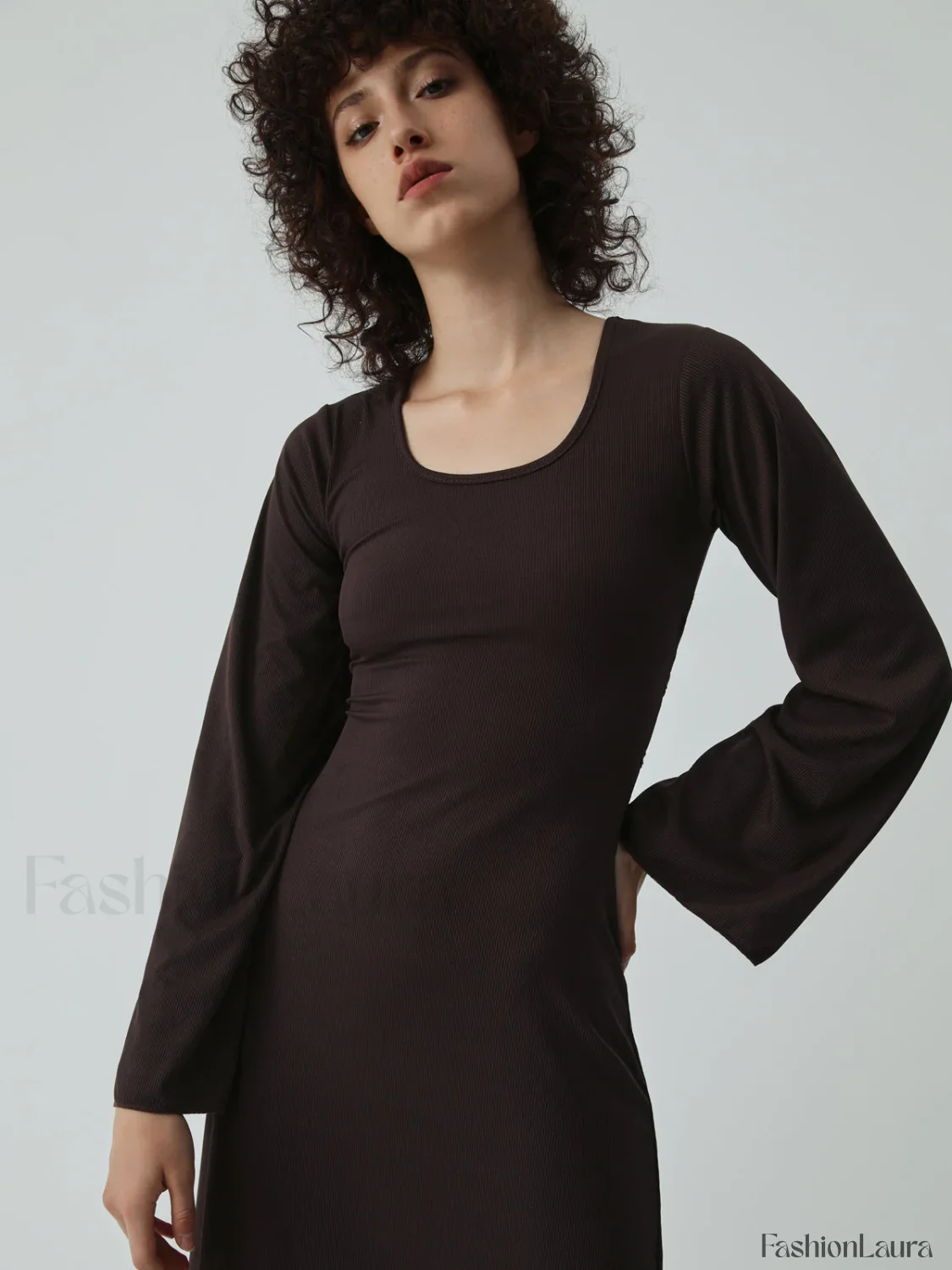 Caramel Flare Long Trendy Sleeve Knit Long Dress - Image 13