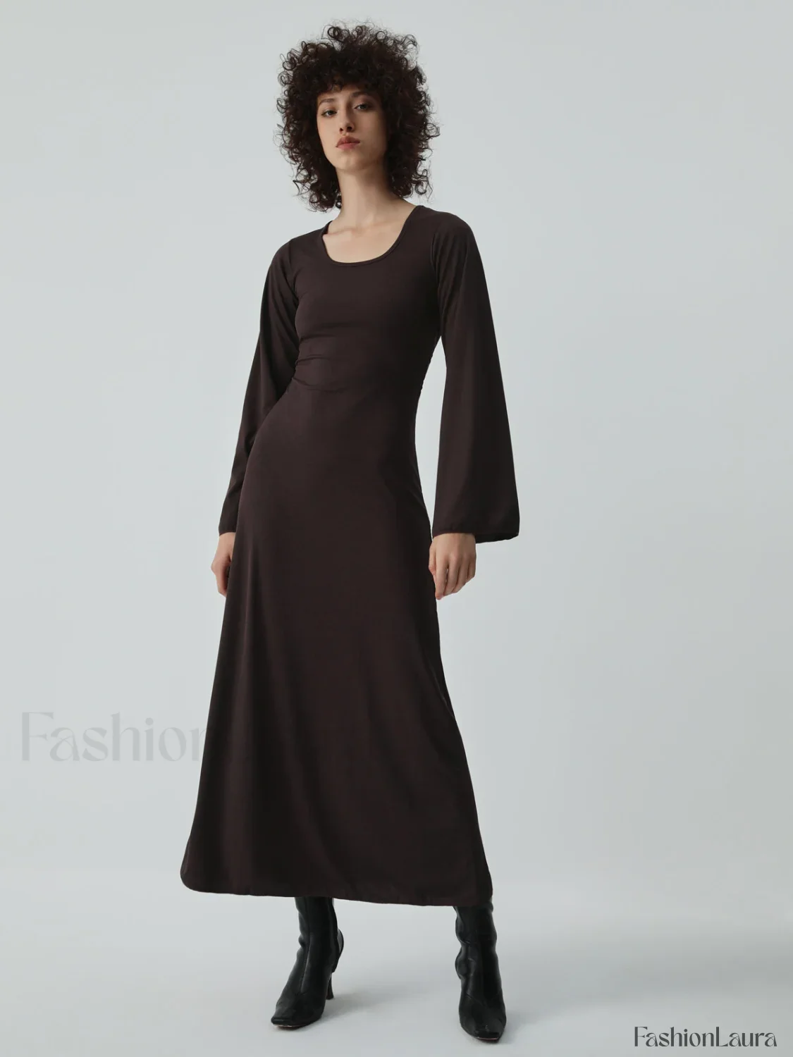 Caramel Flare Long Trendy Sleeve Knit Long Dress - Image 14