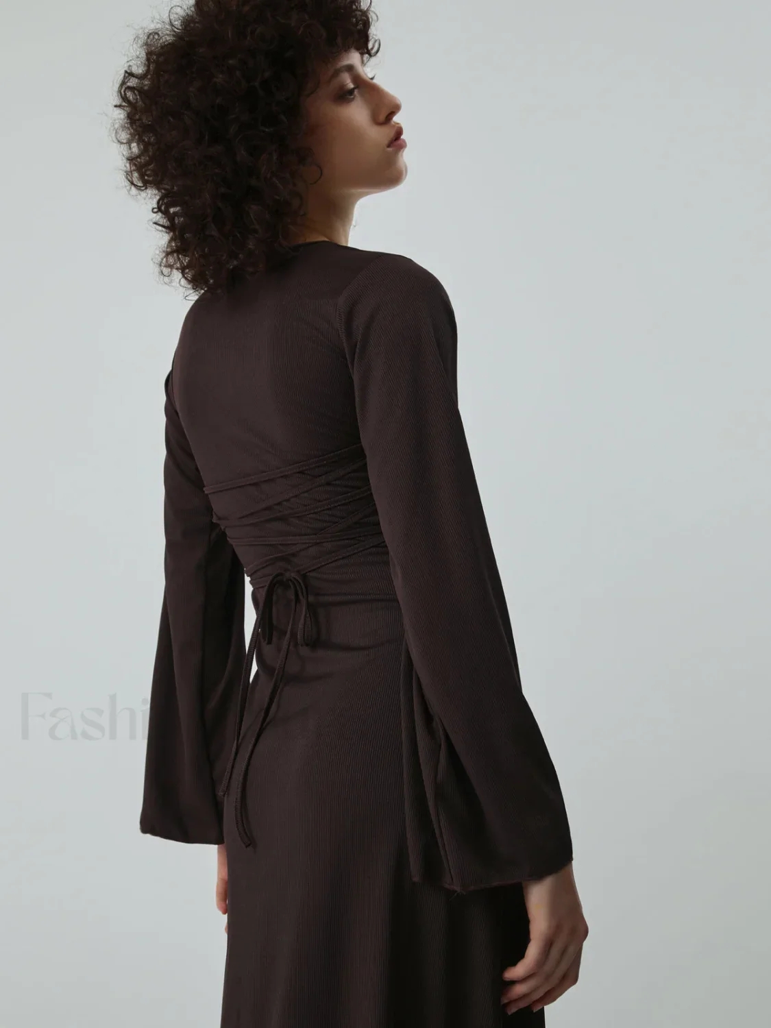 Caramel Flare Long Trendy Sleeve Knit Long Dress - Image 3