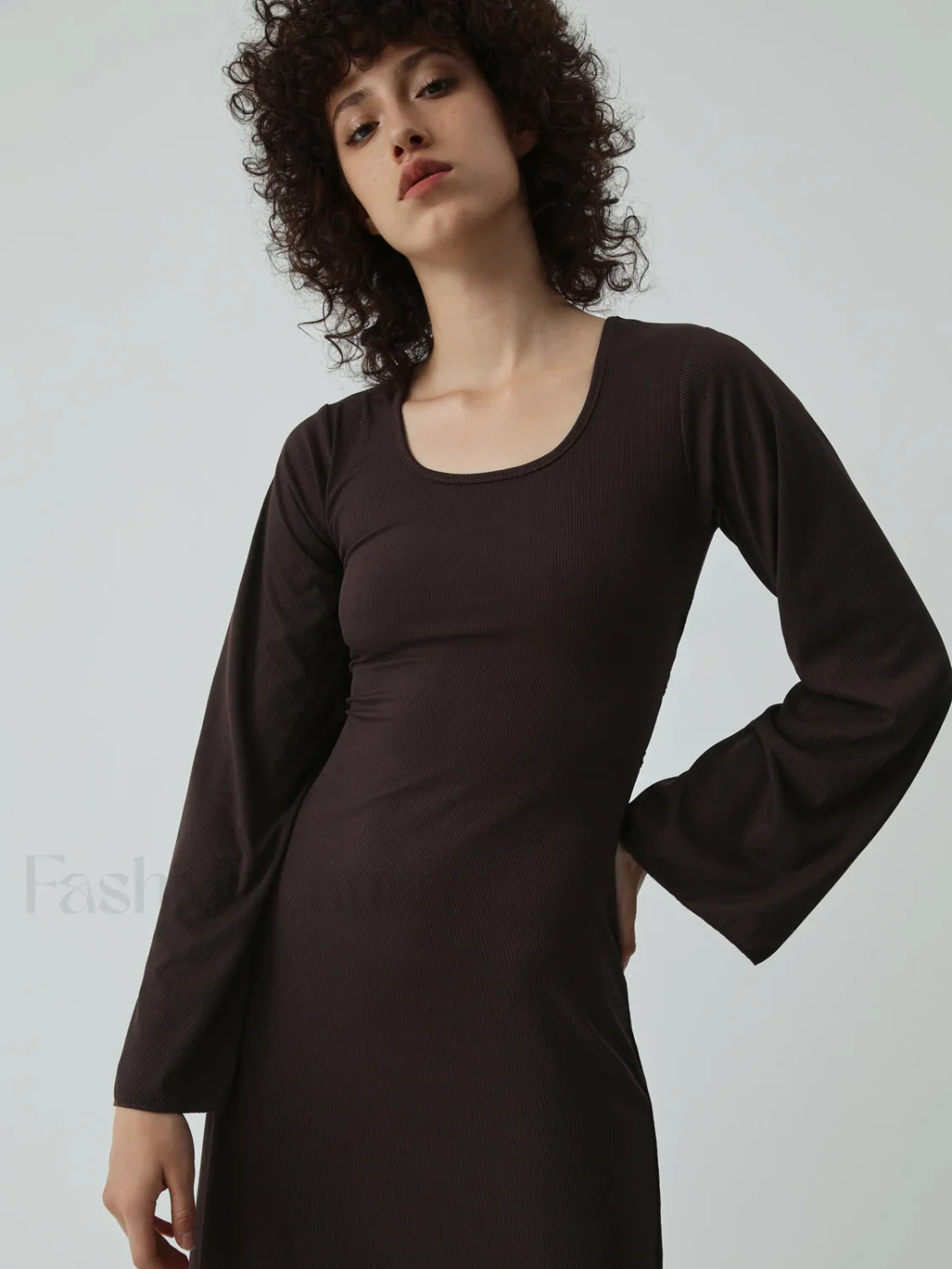 Caramel Flare Long Trendy Sleeve Knit Long Dress - Image 4