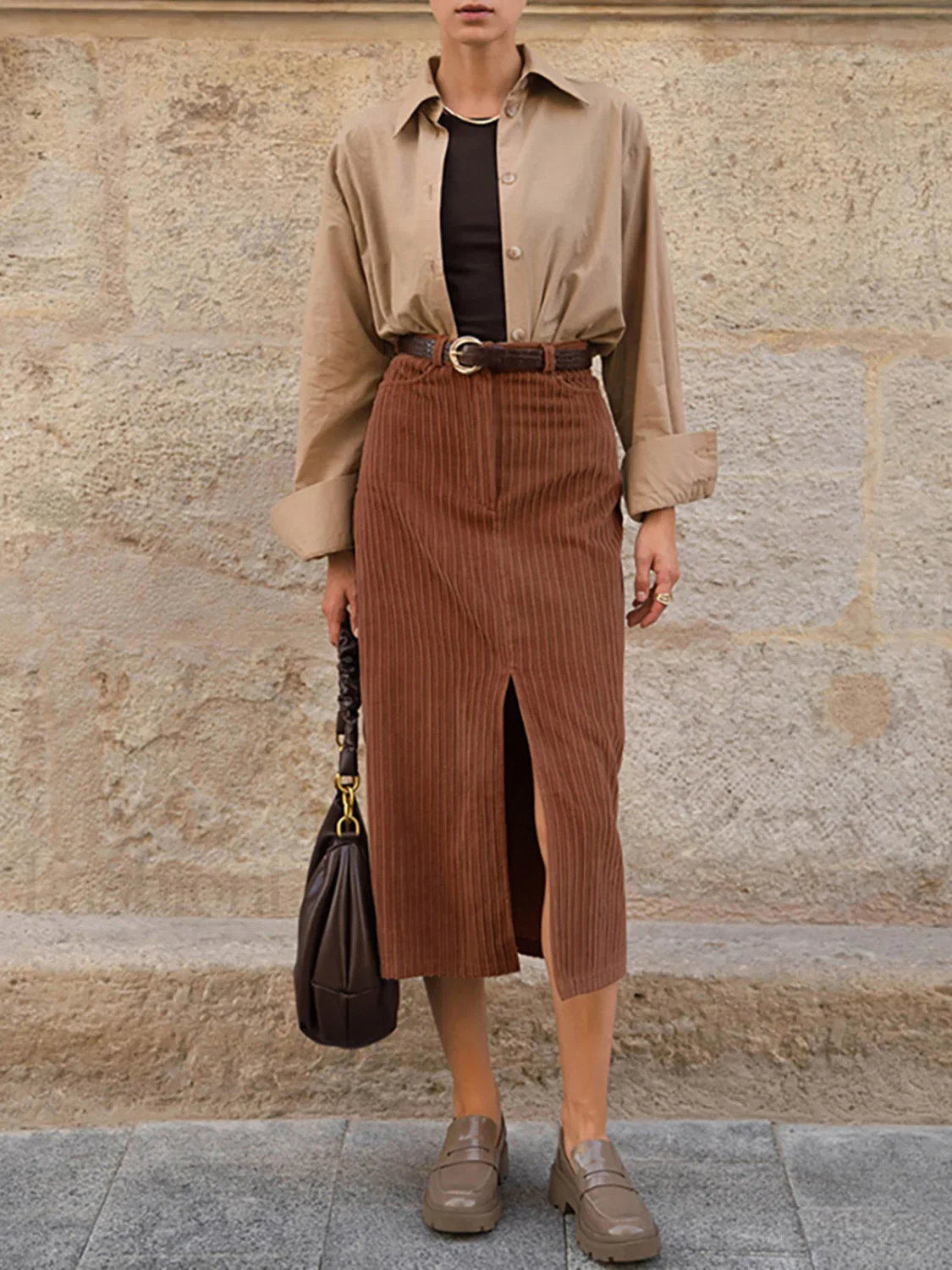 Caramel Corduroy Graceful Slit Midi Skirt - Image 5