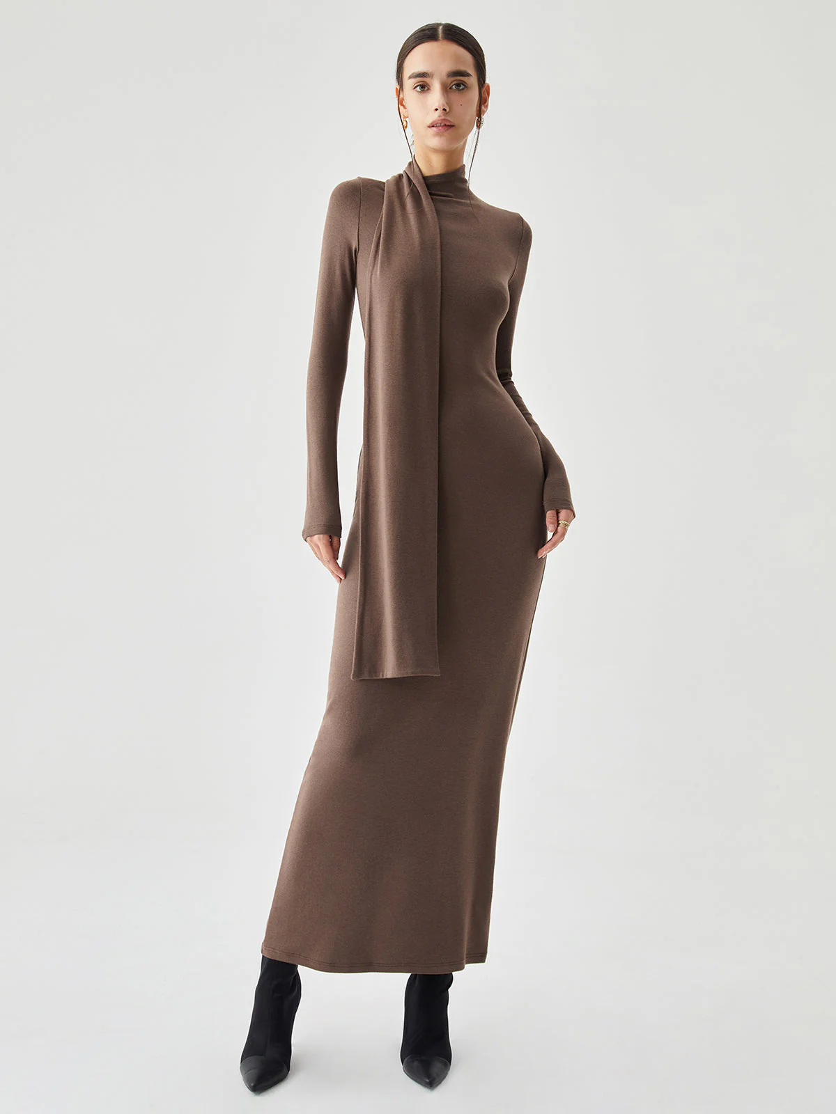 Bodycon High Neck Ribbed Knit Classic Long Dress with Matching Scarf - Image 2