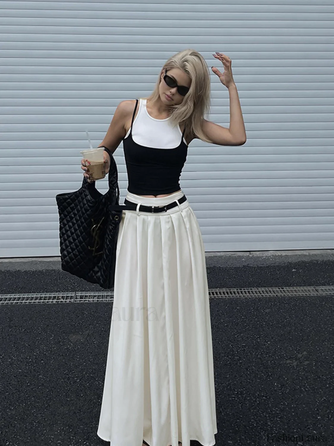 Belted Pleated Graceful Long Skirt - Image 10