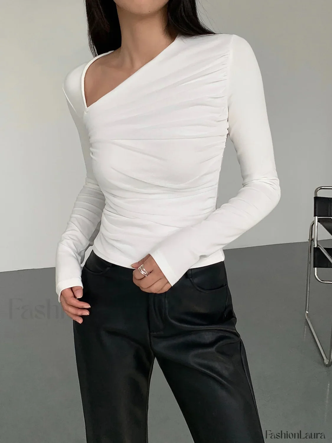 Asymmetrical Patchwork Ribbed Trendy Knit Ruched Mesh Top - Image 15