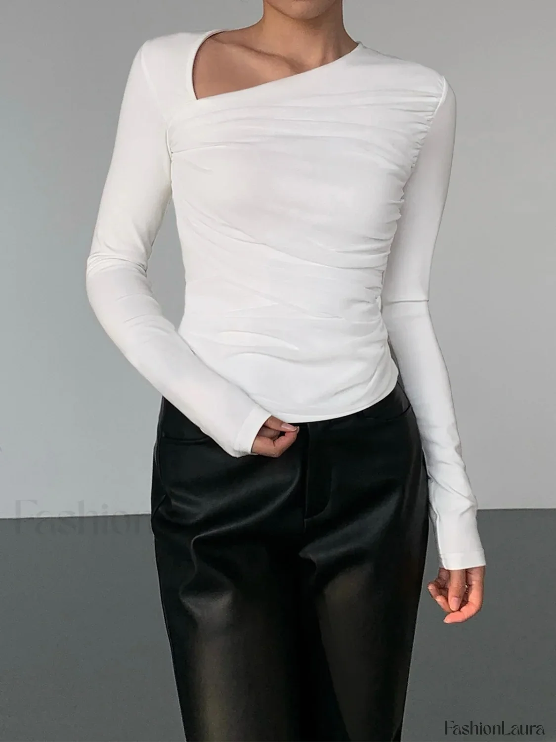 Asymmetrical Patchwork Ribbed Trendy Knit Ruched Mesh Top - Image 17