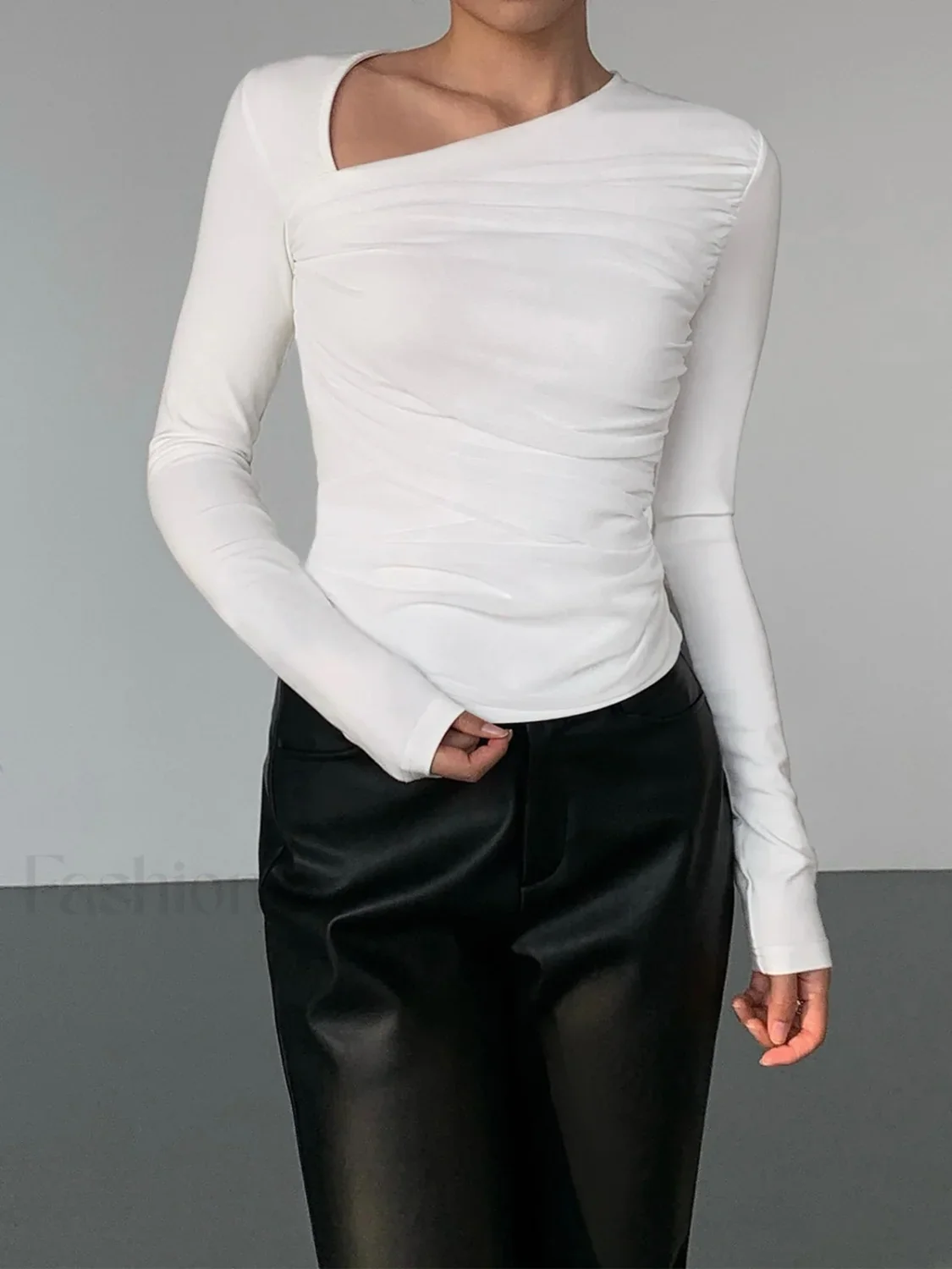 Asymmetrical Patchwork Ribbed Trendy Knit Ruched Mesh Top - Image 2