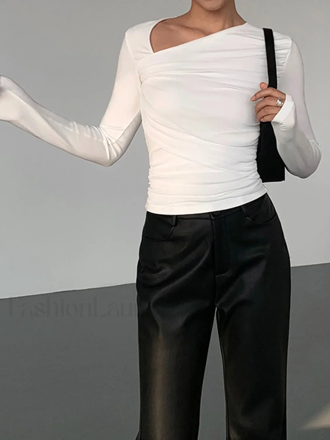 Asymmetrical Patchwork Ribbed Trendy Knit Ruched Mesh Top - Image 7