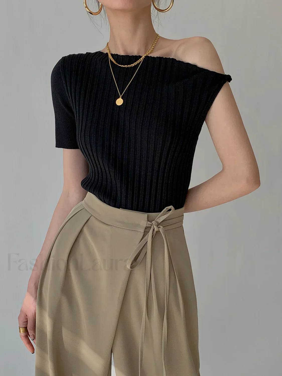 Asymmetrical Neck One Trendy Shoulder Off Knit Top - Image 10