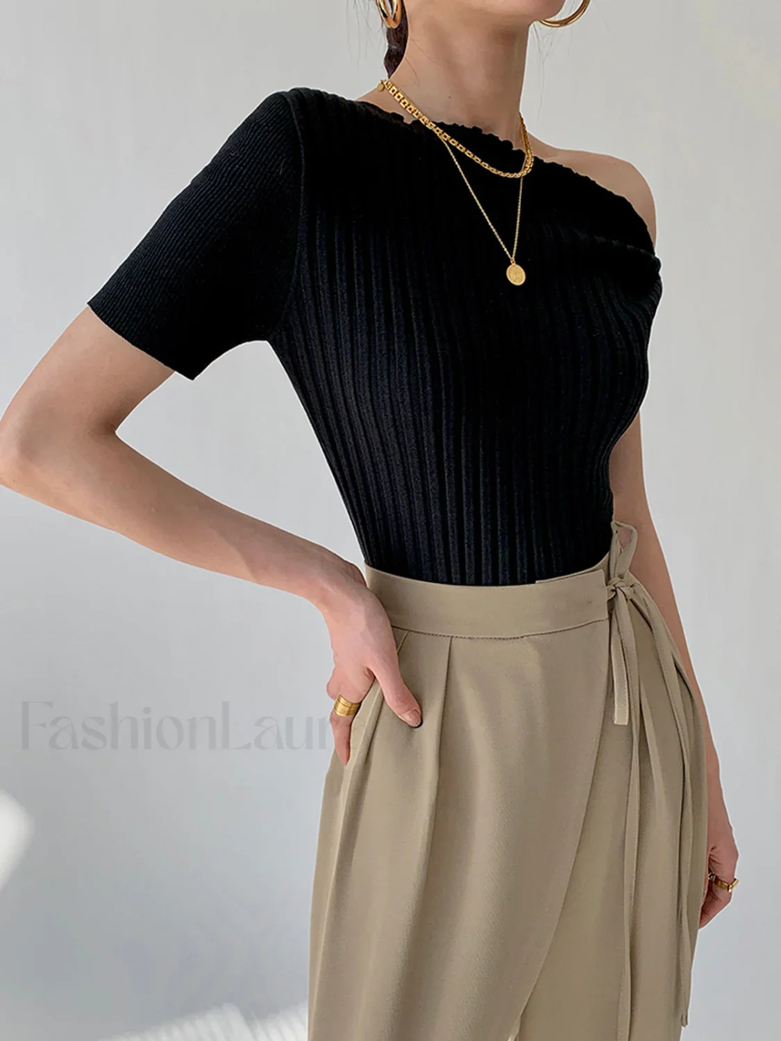 Asymmetrical Neck One Trendy Shoulder Off Knit Top - Image 7