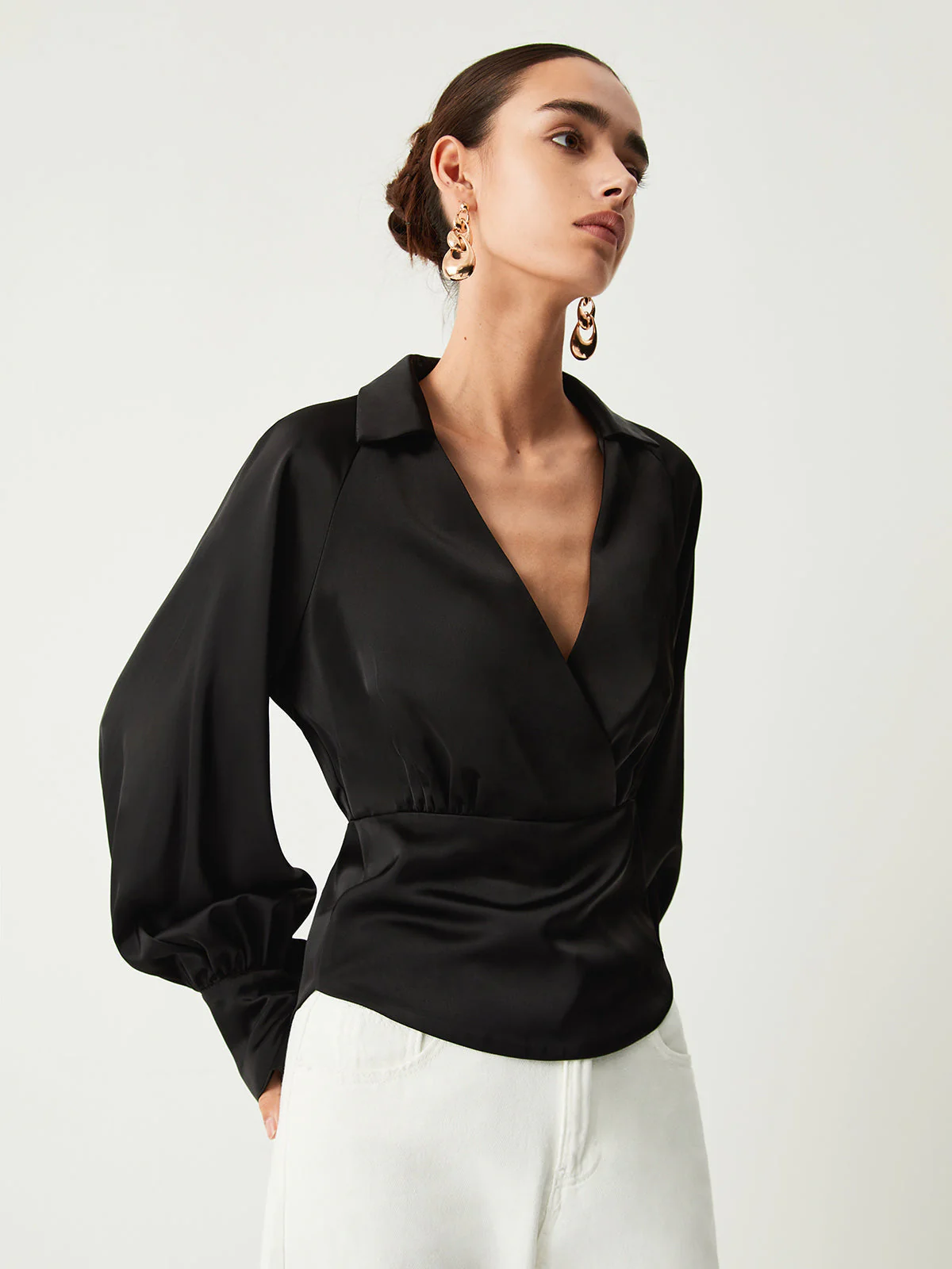 Wrap Open Collar Trendy Satin Long Sleeve Blouse - Image 10