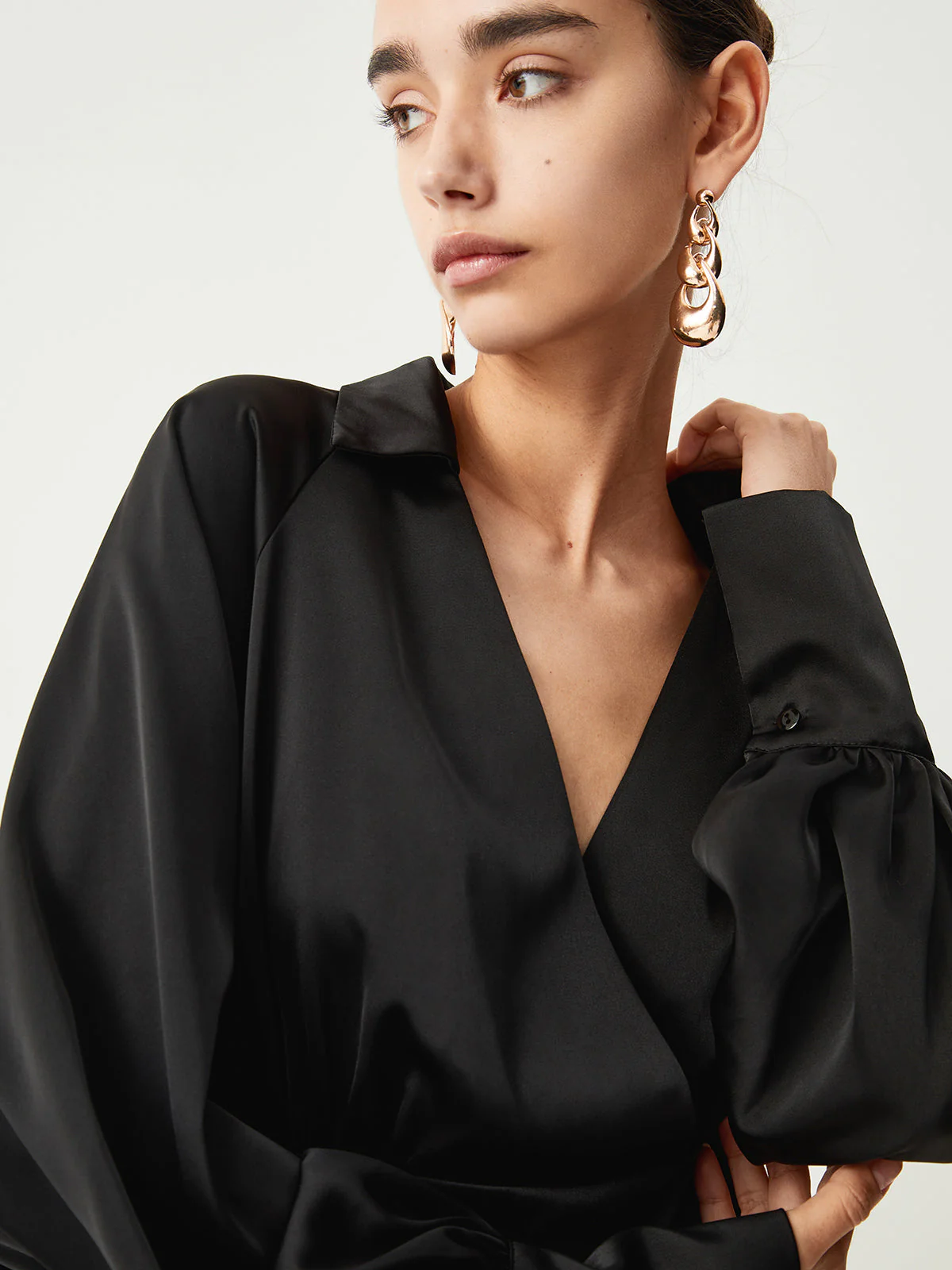Wrap Open Collar Trendy Satin Long Sleeve Blouse - Image 11