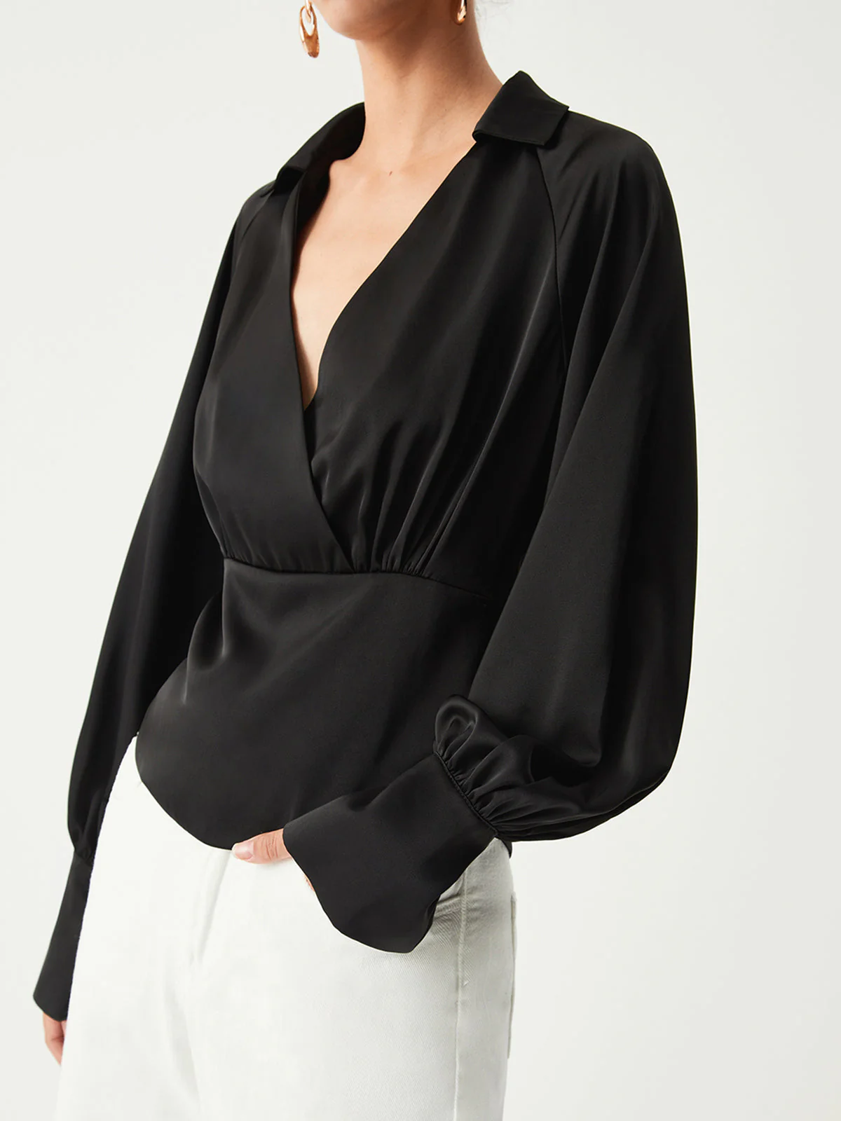 Wrap Open Collar Trendy Satin Long Sleeve Blouse - Image 4