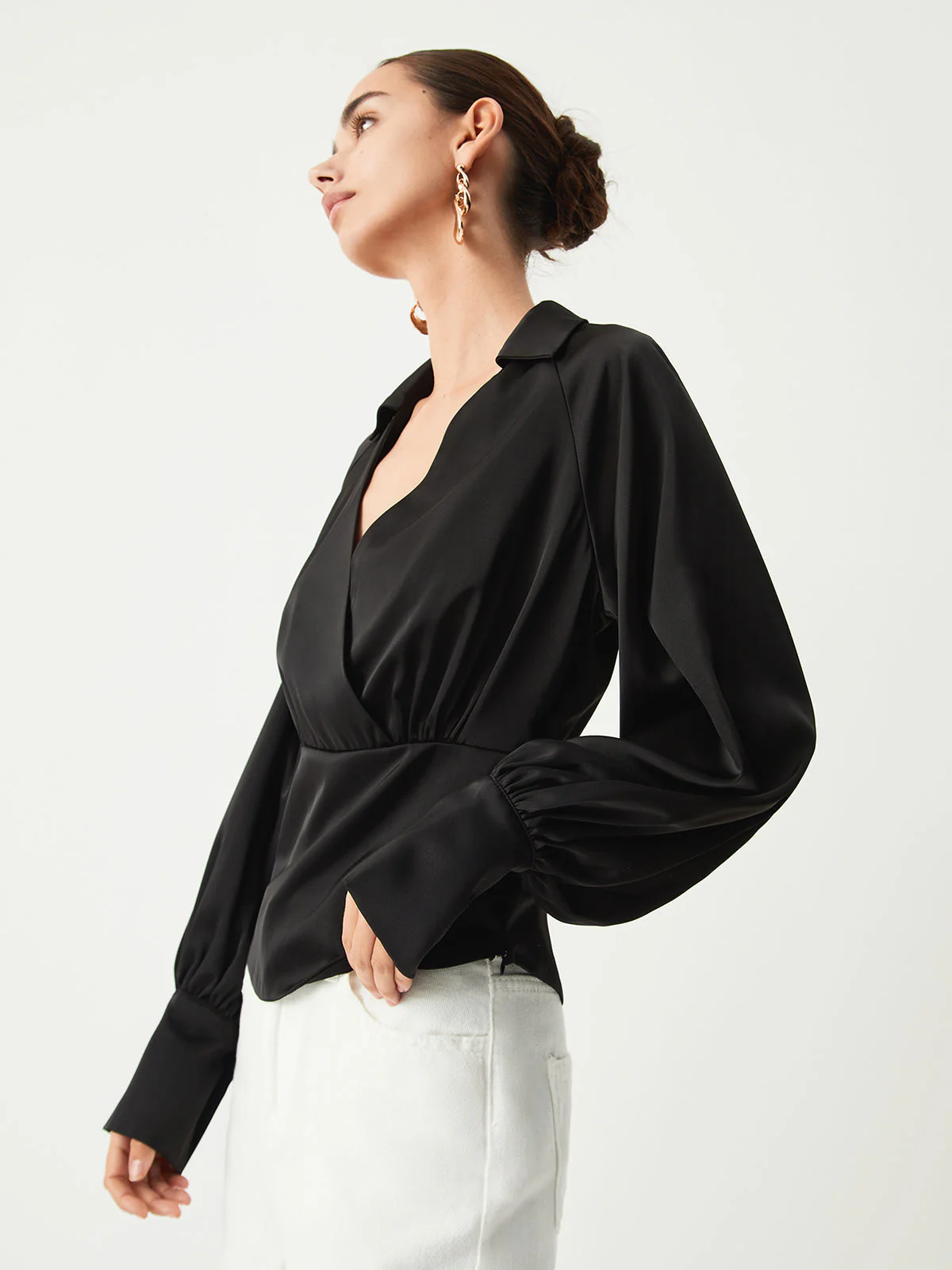 Wrap Open Collar Trendy Satin Long Sleeve Blouse - Image 8