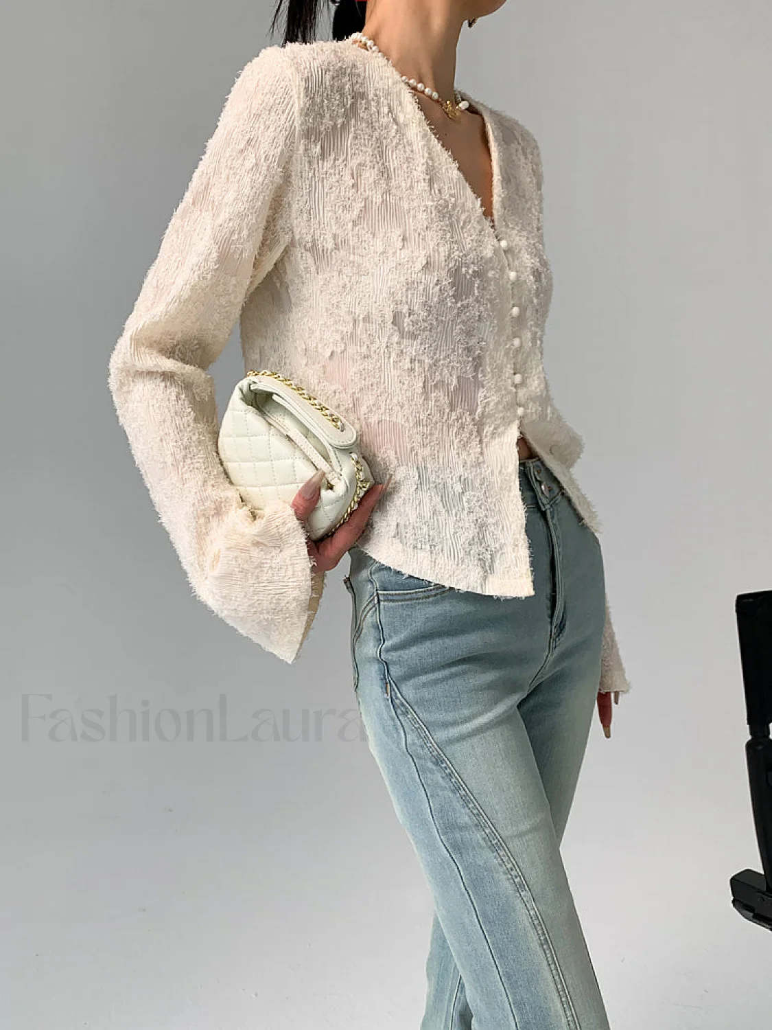V-Neck Ruffle Graceful Long Sleeve Blouse - Image 2