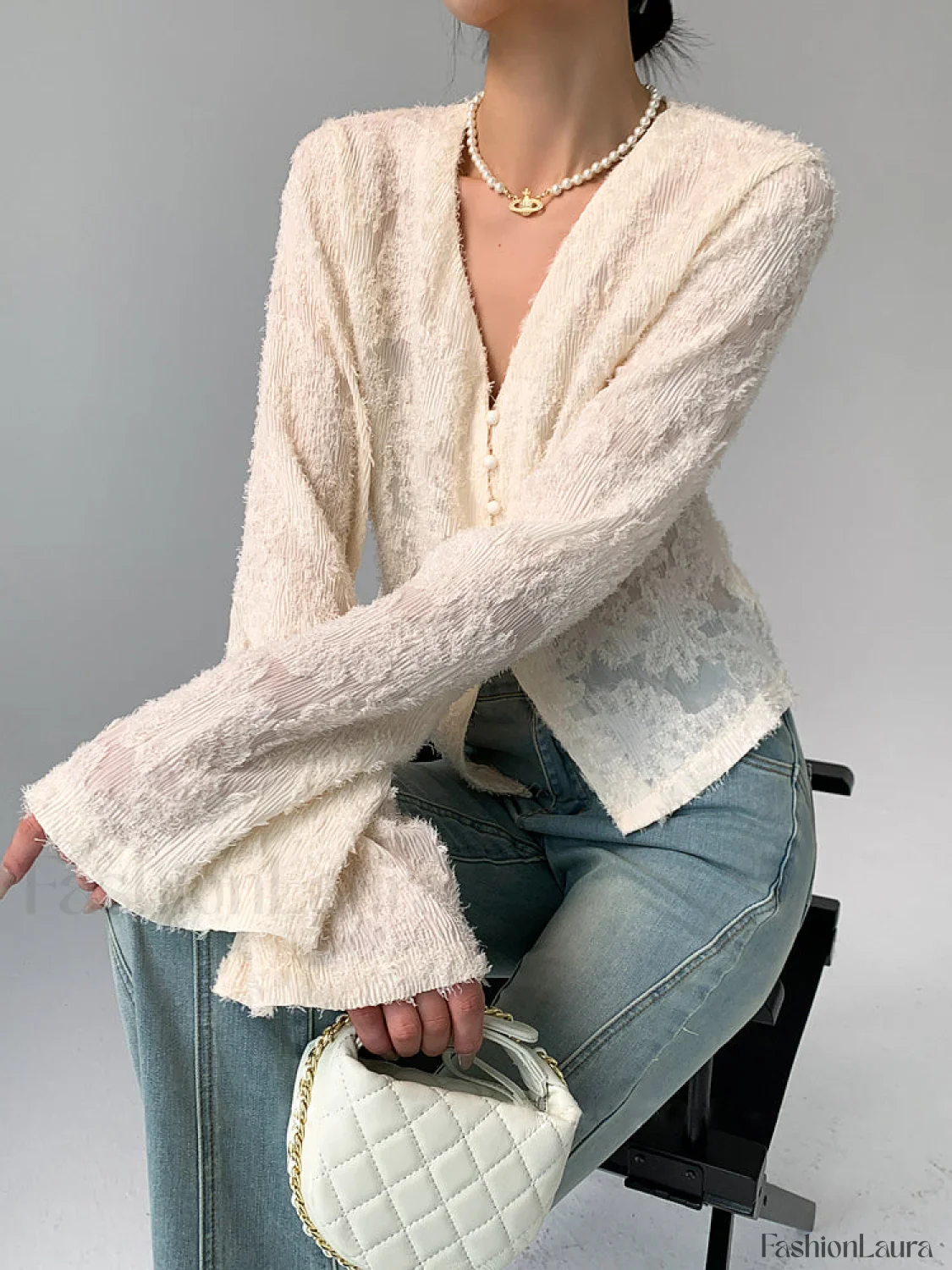 V-Neck Ruffle Graceful Long Sleeve Blouse - Image 5