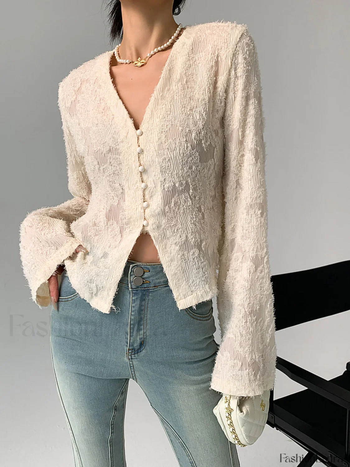 V-Neck Ruffle Graceful Long Sleeve Blouse - Image 6