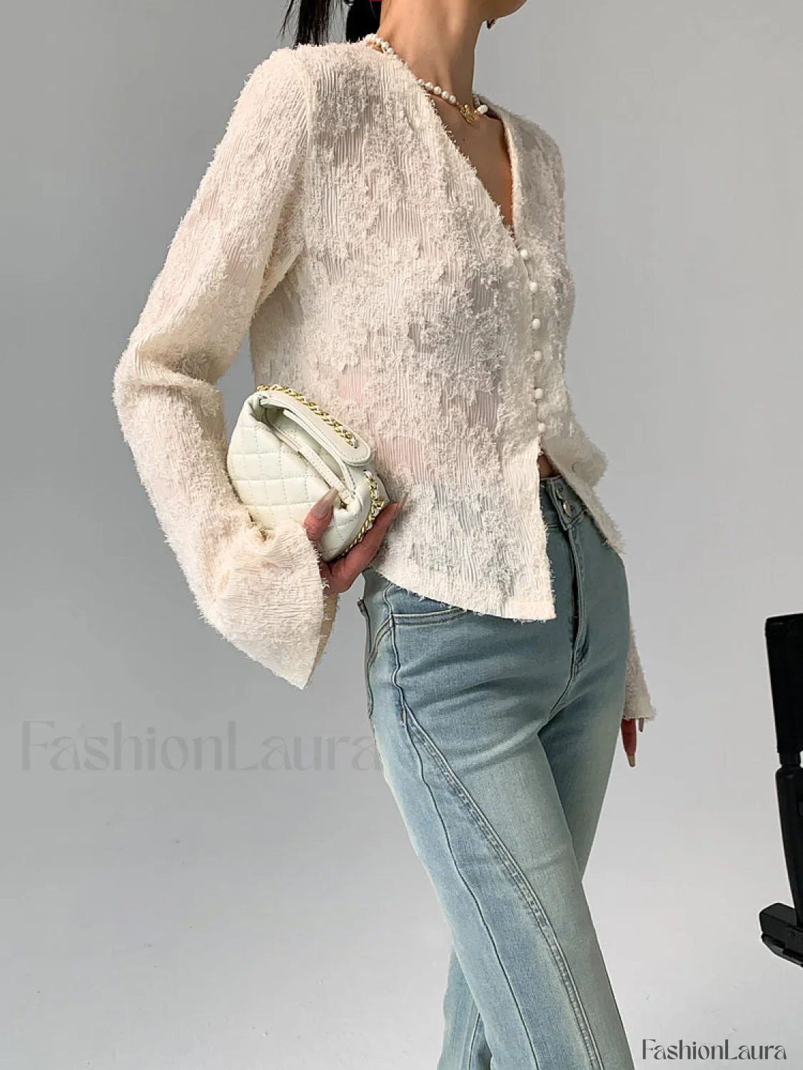 V-Neck Ruffle Graceful Long Sleeve Blouse - Image 7