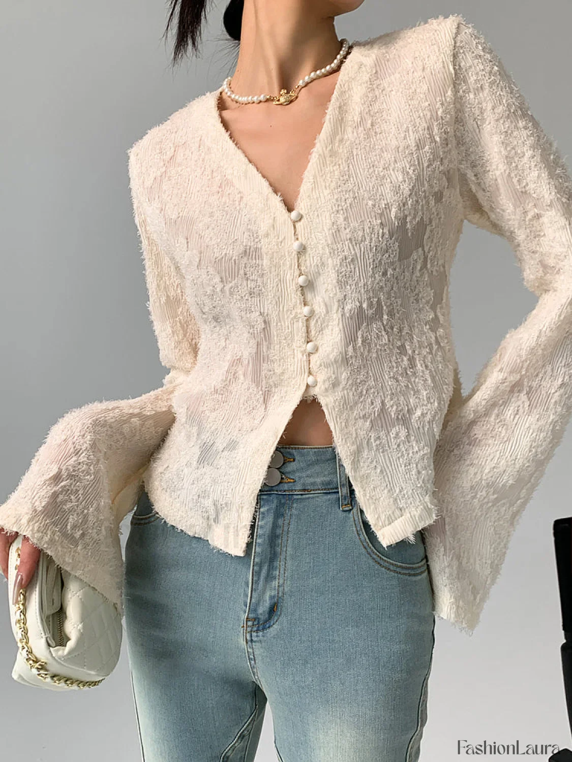 V-Neck Ruffle Graceful Long Sleeve Blouse - Image 8