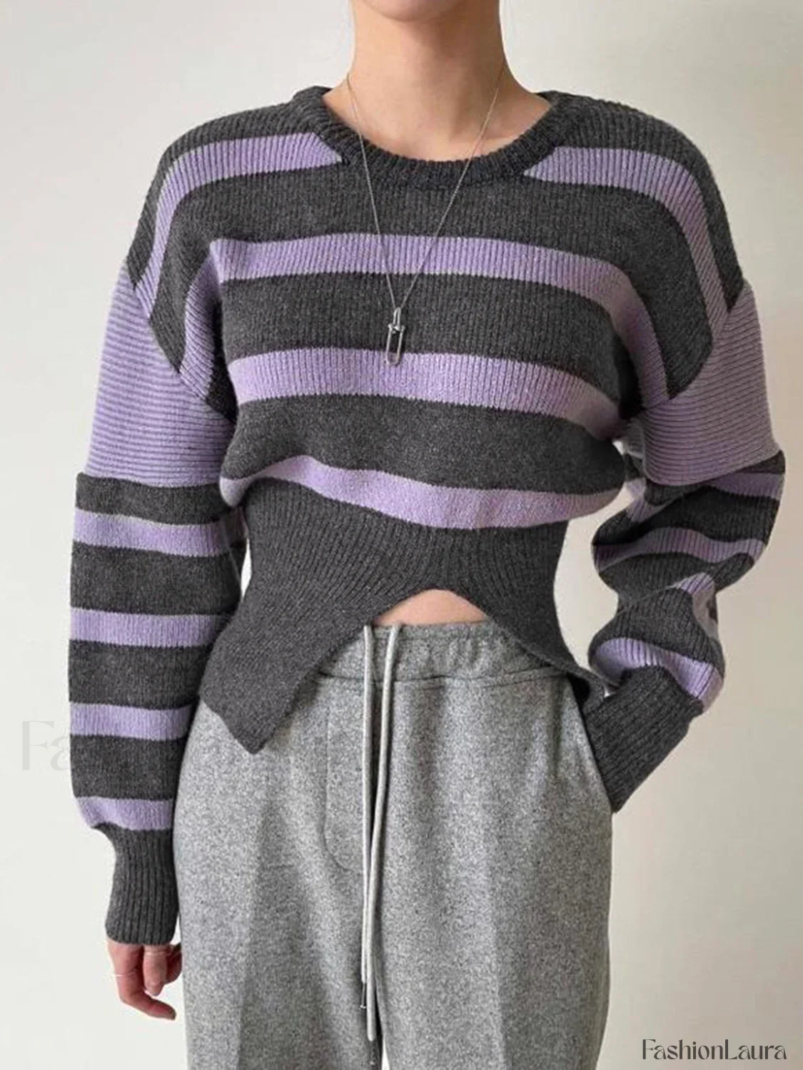 Stripe Asymmetric Graceful Notched Crop Sweater - Image 12